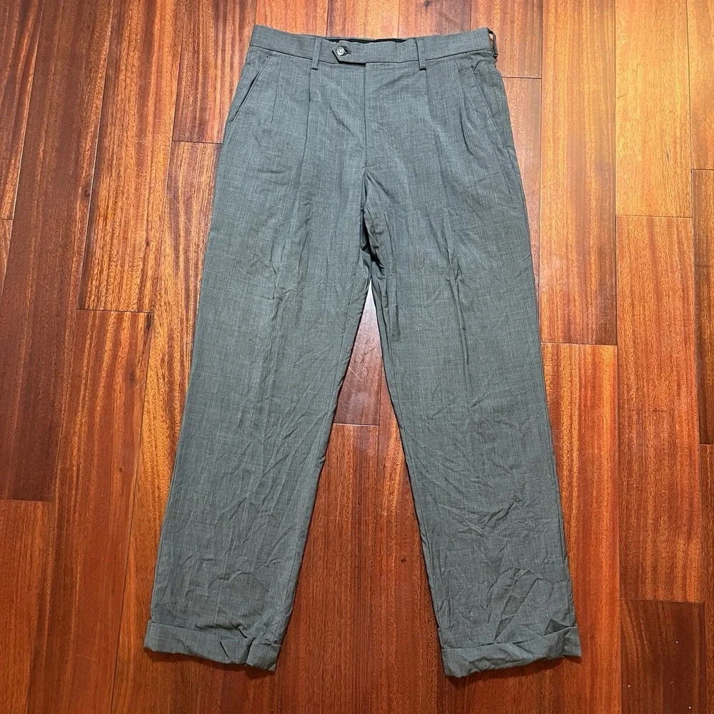 Jos A Bank Pants Mens 32R (32x29) Gray 100% Wool Pleated Cuffed Signature Preppy